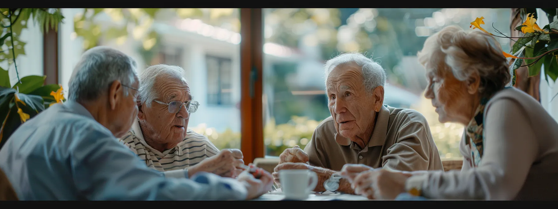 a group of seniors comparing and discussing different medicare supplement plans at a table.