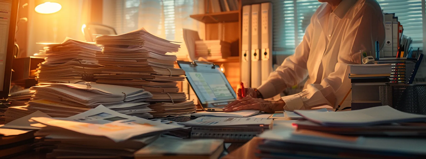 a person looking at a computer screen with various medicare plans displayed, surrounded by stacks of paperwork and notes.