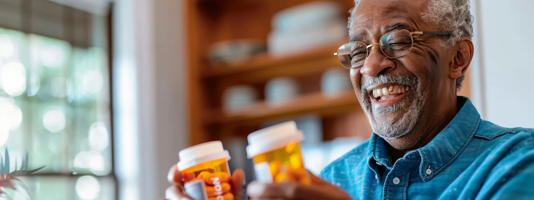 a senior happily holding a handful of prescription medication bottles, smiling with relief at the significant cost savings provided by the extra help program.