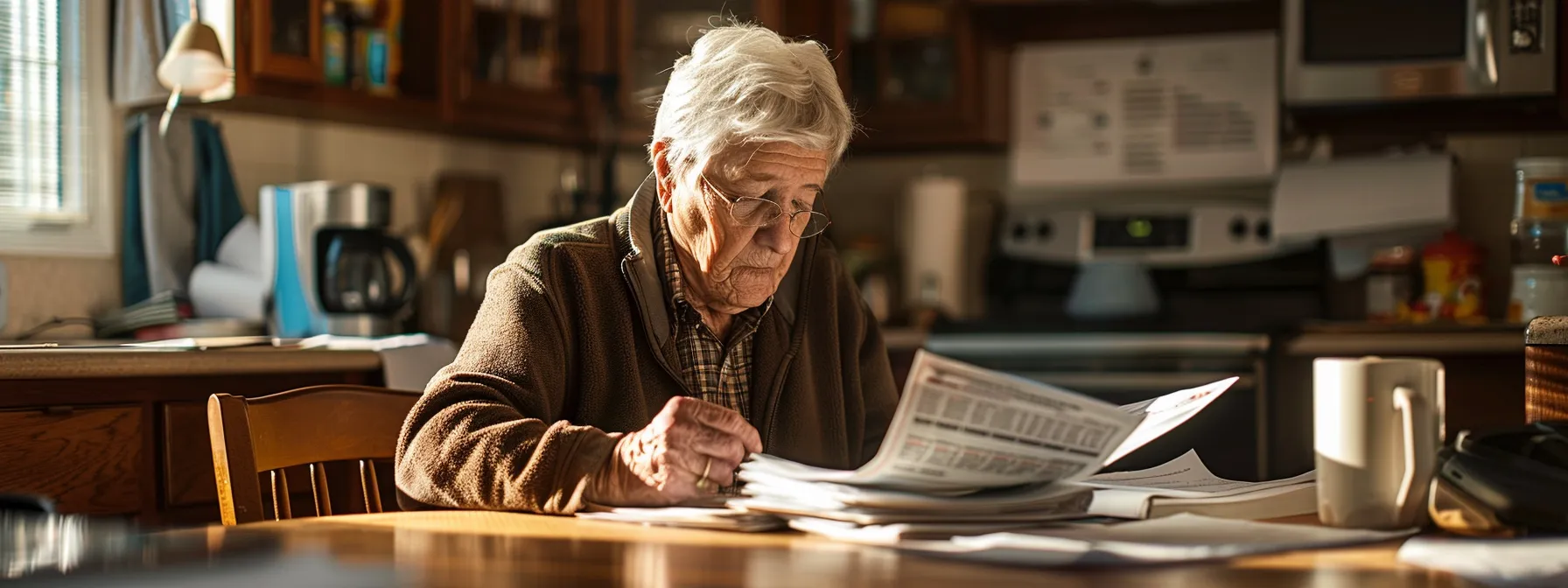 a senior sitting at a kitchen table surrounded by paperwork, researching financial assistance programs for long-term care.