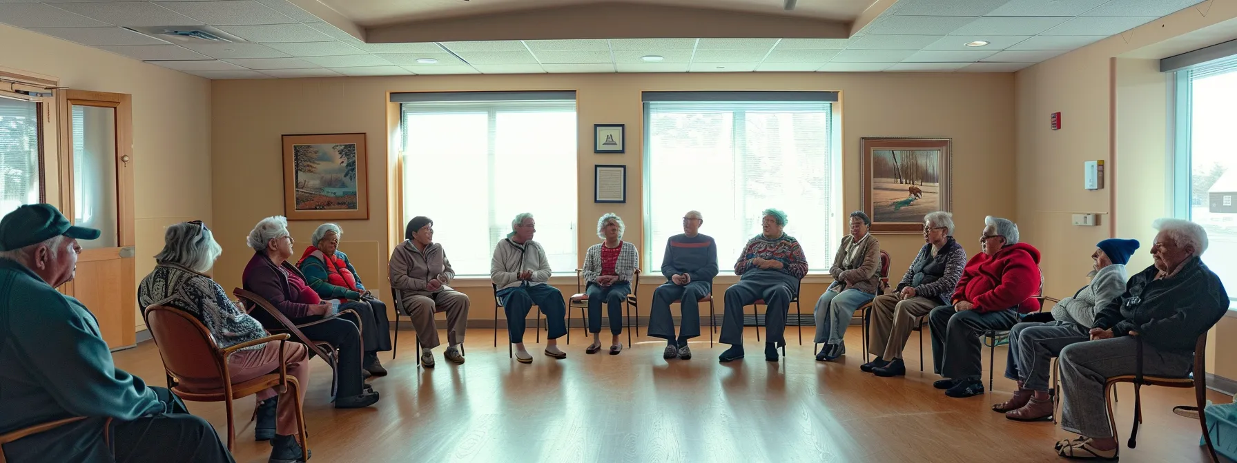 a diverse group of seniors sitting in a circle, engaged in a discussion about medicare coverage and wellness checklists, with a focus on patient outcomes and therapy options.