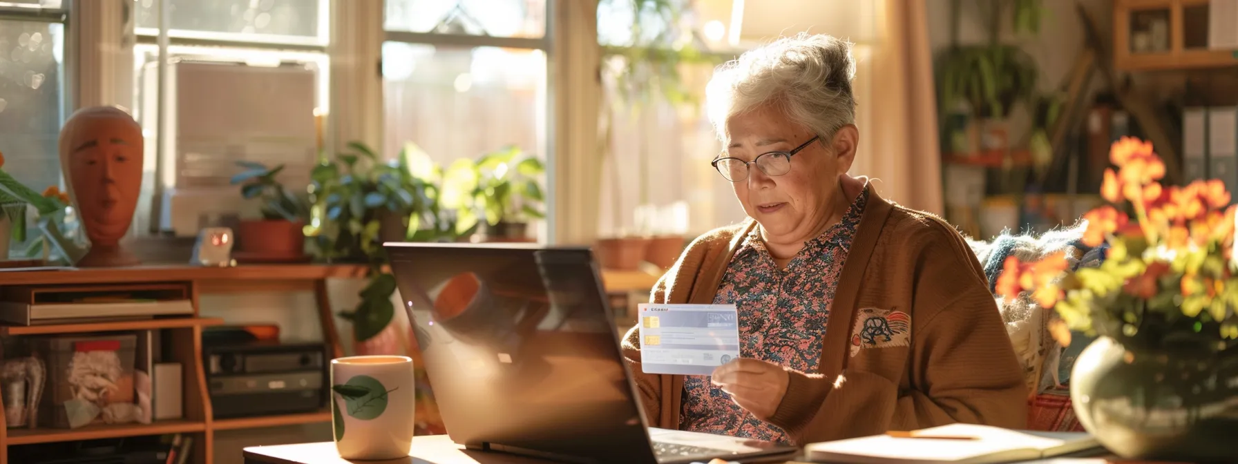 a person holding a medicare card, updating their address online with a laptop in a bright and organized home office setting.