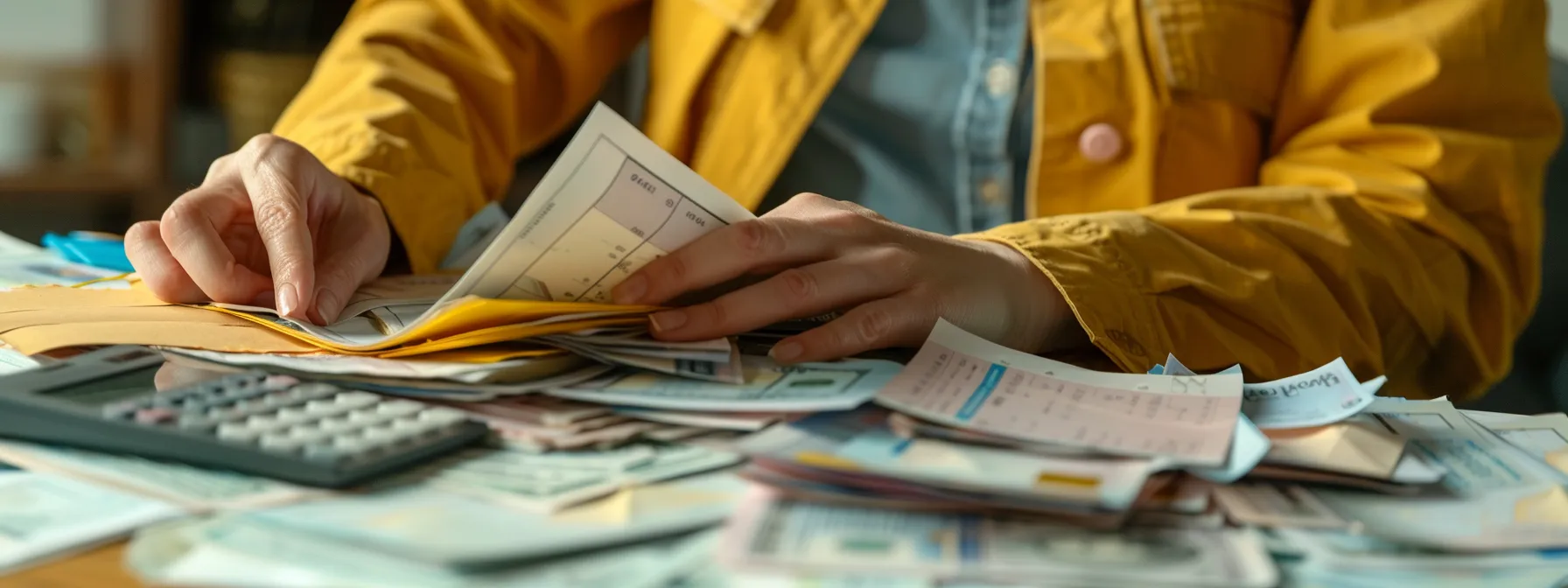 a person meticulously organizing a stack of labeled envelopes filled with money, sitting at a desk with a calculator, budget spreadsheet, and medicare brochures spread out in front of them.