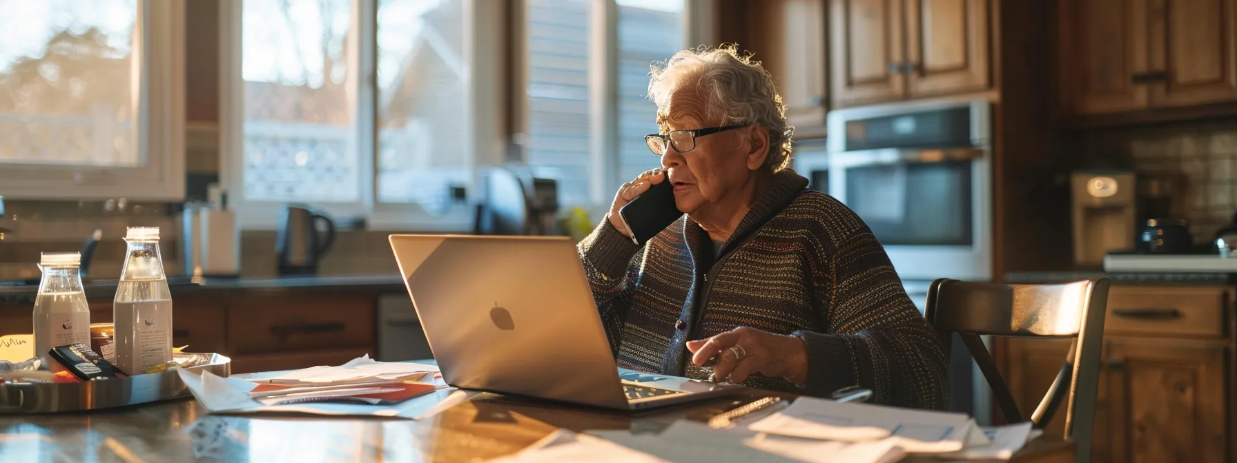 a senior citizen sitting at a kitchen table with papers spread out, looking at a laptop while discussing medicare plan options over the phone.