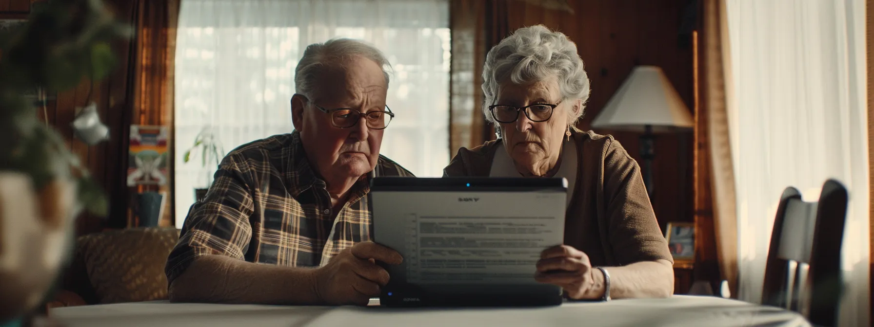 a senior couple reviewing a detailed medicare coverage contract for 2025, with concern and focus on their faces.