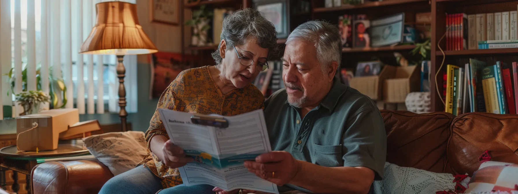 a senior couple reviews medicare paperwork in their cozy living room, surrounded by moving boxes and a map of their new state.