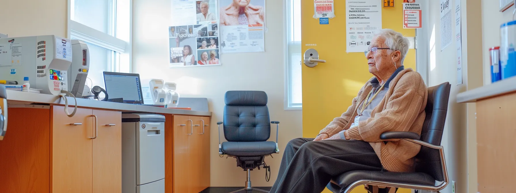 a senior individual sitting in a bright, modern doctor's office, surrounded by medical equipment and educational posters, preparing for preventive health screenings covered by medicare.