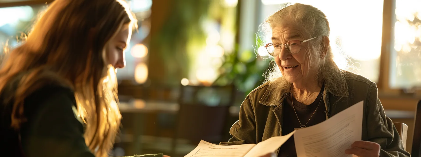 a senior receiving assistance with paperwork for financial aid programs at a local community center.