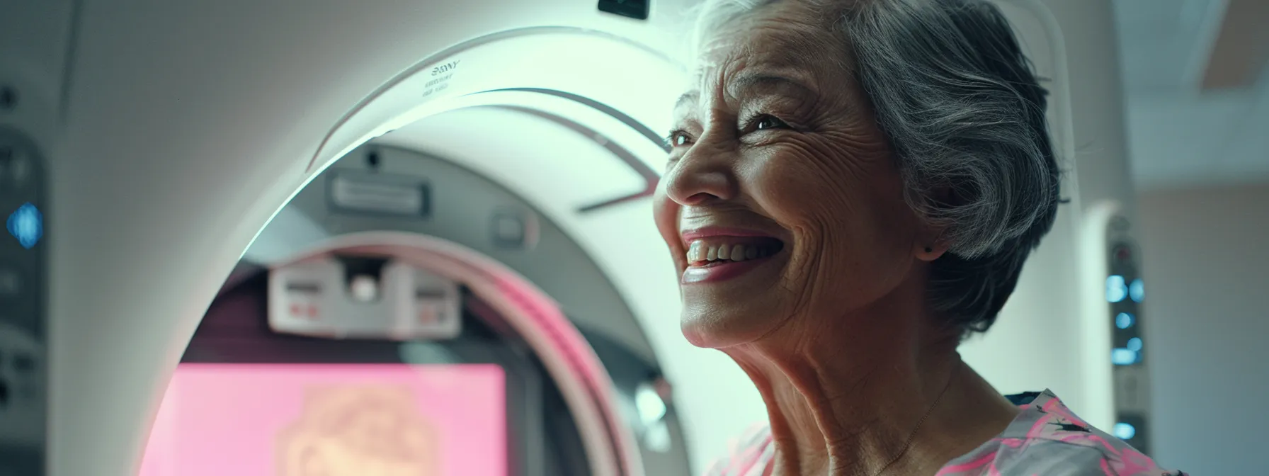 a senior woman smiling as she undergoes a mammogram during a medicare wellness program screening.