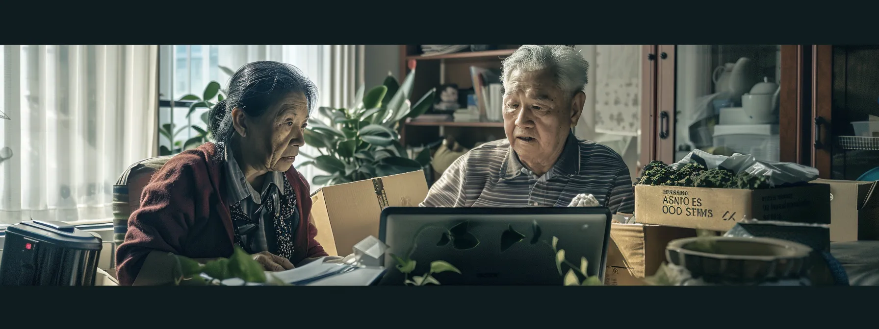 an elderly couple reviewing medicare advantage plan options on a laptop while packing boxes for a move to a new state.